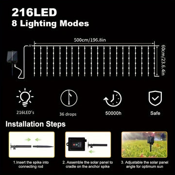 Luces de cascada con energía solar AMill - 59.98 metros x 7.19 metros, 216 luces LED, 8 modos con control remoto, perfectas para jardín, balcón, decoración de cumpleaños y bodas