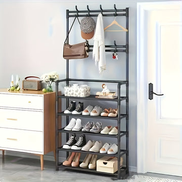 Estantería Multifuncional de 5 Niveles con 8 Ganchos Dobles - Organizador de Zapatos y Ropa en Acero Inoxidable, Marco Metálico Resistente para Sala, Baño o Tienda, Unidad Versátil de Almacenamiento, Estante Contemporáneo y Robusto, Ahorra Espacio