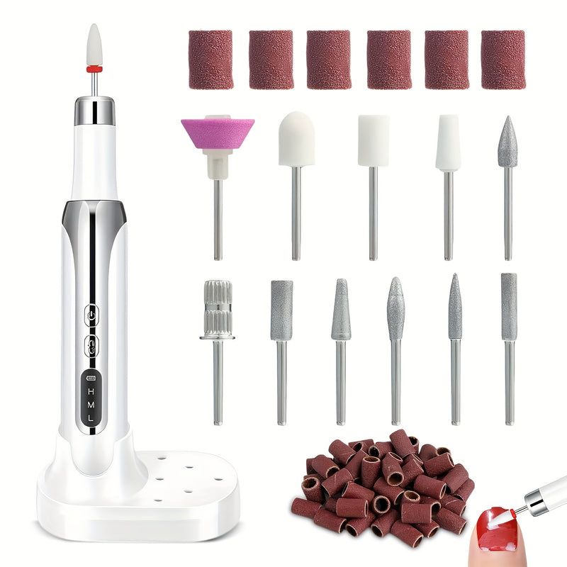 Broca Eléctrica Portátil para Uñas, Juego Compacto de Lima Profesional para Acrílico y Gel, Herramientas de Manicura y Pedicura con Estilo para Uso en Salón o Hogar, Color Blanco