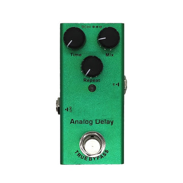 Pedal de efectos para guitarra eléctrica MINI con retardo analógico, bypass verdadero, mezcla de tiempo y repetición, incluye fuente de alimentación de 9V, color verde profundo.