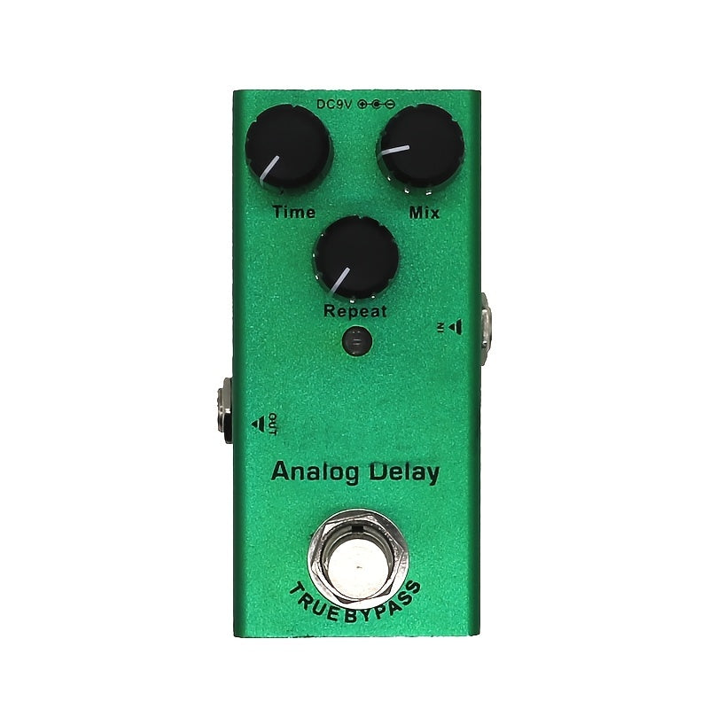 Pedal de efectos para guitarra eléctrica MINI con retardo analógico, bypass verdadero, mezcla de tiempo y repetición, incluye fuente de alimentación de 9V, color verde profundo.