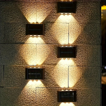 4 paquetes, 6 luces LED solares para pared exterior con iluminación hacia arriba y abajo, luces decorativas para exterior, luces LED para paisajismo, ideales para exteriores, patio, villa, cerca, terraza, jardín