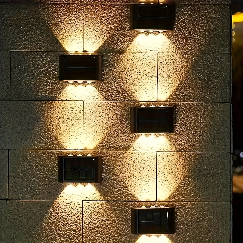 4 paquetes, 6 luces LED solares para pared exterior con iluminación hacia arriba y abajo, luces decorativas para exterior, luces LED para paisajismo, ideales para exteriores, patio, villa, cerca, terraza, jardín