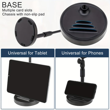 Soporte de Micrófono Ajustable para Escritorio con Soporte para Teléfono - Base Antideslizante y Resistente para Grabación, Juegos y Transmisiones - Negro