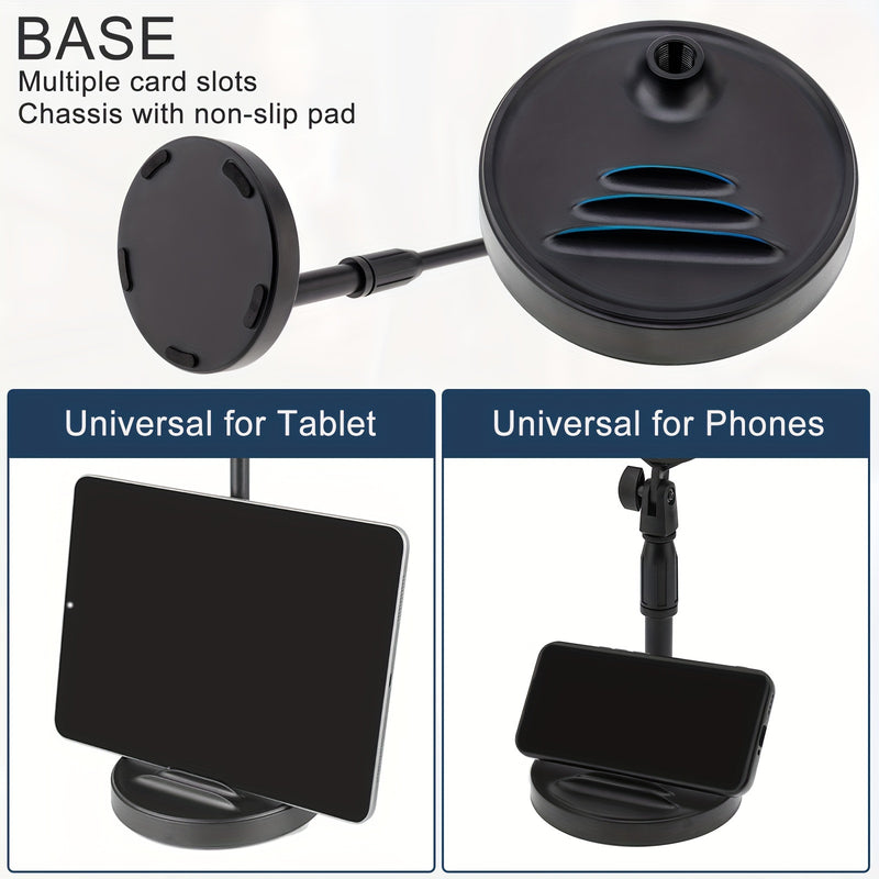 Soporte de Micrófono Ajustable para Escritorio con Soporte para Teléfono - Base Antideslizante y Resistente para Grabación, Juegos y Transmisiones - Negro