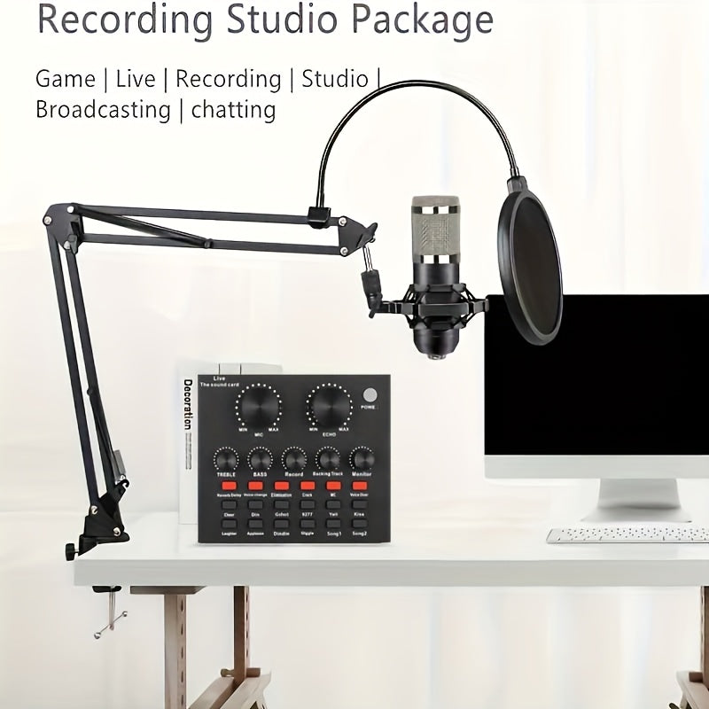 Kit de micrófono Black Iron Studio, BM-800 Podcast Mic, con tarjeta de sonido V8, batería de litio recargable por USB, control de volumen, conector de 3,5 mm, para portátil, Vlog, transmisión en vivo, videoconferencia, karaoke, canto