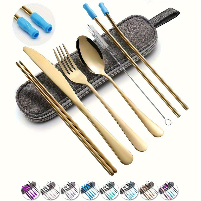 Utensilios Portátiles, Juego de Cubiertos para Viaje y Camping, 8 piezas incluyendo Cuchillo, Tenedor, Cuchara, Palillos, Cepillo de Limpieza, Pajitas, Estuche Portátil, Juego de Cubiertos de Acero Inoxidable