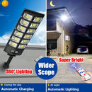 1 lámpara de calle solar, 504×6500K LEDs con lente. Luz automática de puesta de sol a amanecer alimentada por energía solar para estacionamientos; sensor de movimiento de ángulo amplio y farola controlada a distancia. Ideal para iluminación comercial/cor