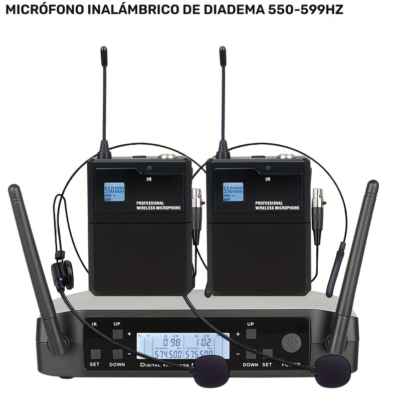 Sistema de Micrófono Inalámbrico Profesional GLXD4 para Cabeza - 2 Canales, Frecuencia UHF Ajustable (550Hz-599Hz), Micrófonos Dinámicos de Mano de Metal con Diadema Resistente, Ideal para Karaoke, Cantar, Streaming, Juegos y Videoconferencias, Micrófono