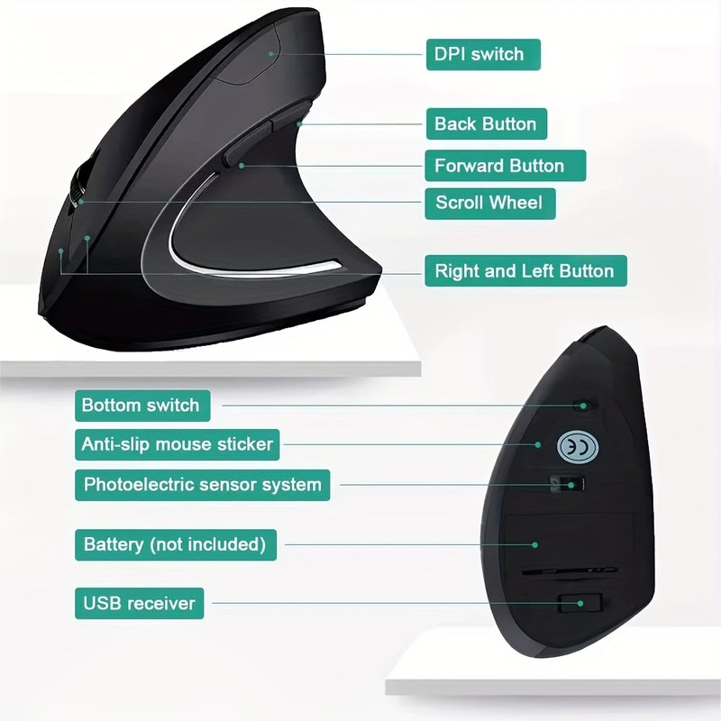 Ratón Vertical Ergonómico sin varillas 2.4G para PC, Laptop y Macbook con Batería - DPI800/1200/1600 - 5 Botones -