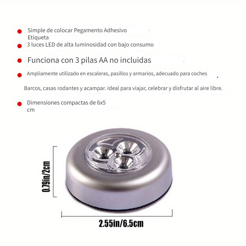 Luz Nocturna Táctil Inalámbrica de 3 LED - Adhesiva, Funciona con Pilas, Portátil, Fácil Instalación, Perfecta para Armarios, Pasillos, Baños y Más - No Requiere Cableado (Pilas No Incluidas)