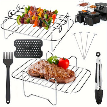Conjunto De 9 Piezas, Set De Rejilla Para Freidora De Aire, Compatible Con Ninja Dual AF300Uk, Instant Vortex Plus, Salter EK5196GW, Ultenic K20 Y Otras Freidoras De Aire Rectangulares De 7.6L, Los Accesorios Incluyen 2 Rejillas Para Parrilla, 4 Brocheta