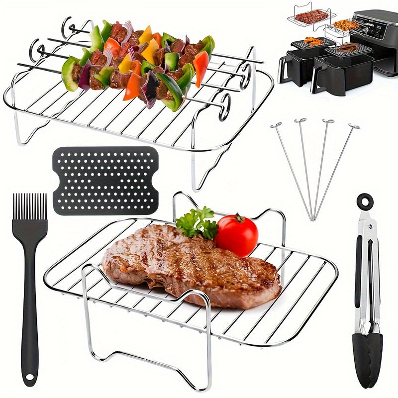 Conjunto De 9 Piezas, Set De Rejilla Para Freidora De Aire, Compatible Con Ninja Dual AF300Uk, Instant Vortex Plus, Salter EK5196GW, Ultenic K20 Y Otras Freidoras De Aire Rectangulares De 7.6L, Los Accesorios Incluyen 2 Rejillas Para Parrilla, 4 Brocheta