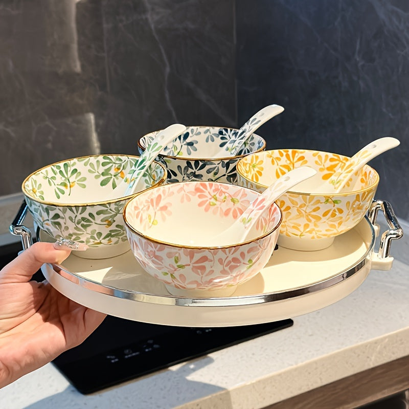 4 tazones de cerámica con diseños florales: ideales para pasta, ensalada, postre, sopa, frutas, entradas y fondue, resistentes al lavavajillas, horno y microondas