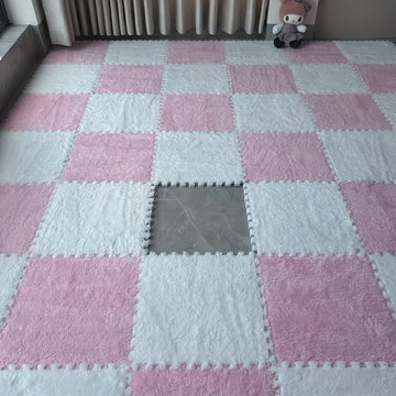 24 piezas de tapetes de peluche entrelazados - Diseño a cuadros en azul y gris, material lavable de EVA y poliéster, perfectos para decorar la sala, habitación o cuarto de juegos