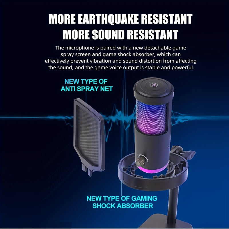 Micrófono de Juego Condensador Negro RGB de 1 pieza con Soporte para Escritorio para Computadoras y Smartphones - Ideal para Podcasting, Transmisión en Vivo y Grabación, Conexión USB-C, Brazo Ajustable, Diseño de Rejilla de Malla