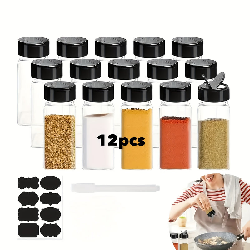 Juego de 12 frascos de especias de plástico cuadrados con tapas de ala de gaviota negras, incluye 1 bolígrafo de papel y 12 etiquetas, contenedores rectangulares a prueba de fugas, reutilizables, lavables a mano para la organización de especias de cocina