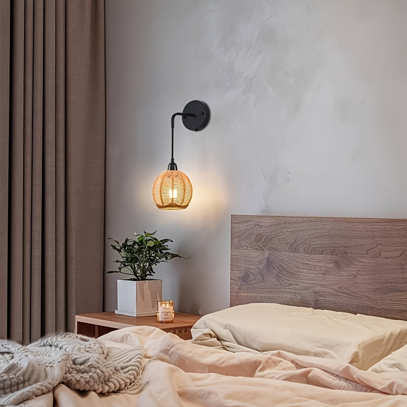 2 piezas de apliques de pared modernos estilo bohemio rústico con pantallas de ratán tejido a mano, montaje semiempotrado en metal pulido, luces desmontables para dormitorio, sala, pasillo (sin focos incluidos), iluminación de pared para dormitorio | Apl