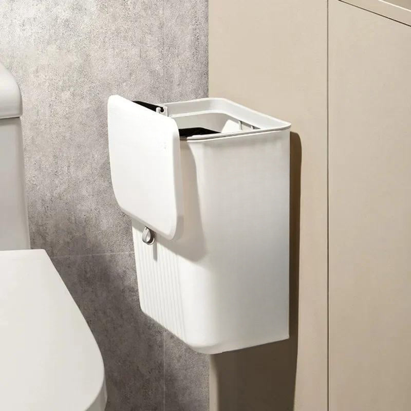 Cubo de basura de cocina sin contacto, montado en la pared con tapa de presión manos libres - Diseño rectangular duradero de plástico ahorrador de espacio para baño y cocina, contenedor de residuos higiénico, cubo de basura de cocina, cubo de basura ahor