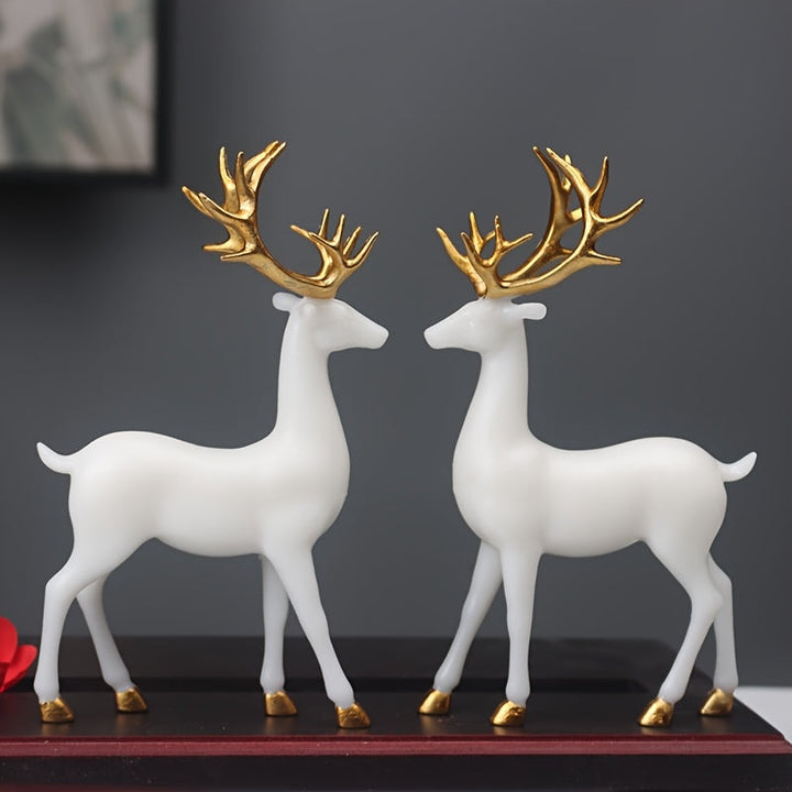Conjunto de 2 piezas de Ciervo Creativo de Pie Dorado y Blanco, Regalo Especial de San Valentín, Adorno para Estantería y Chimenea, Decoración de Estatua de Ciervo para Sala de Estar Familiar