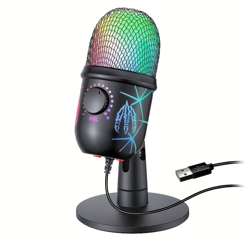Micrófono de condensador USB universal para computadora, con base, iluminación RGB, reducción de ruido, chip avanzado, plug and play, ideal para juegos, canto, transmisiones en vivo, videoconferencias y podcasting