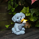 Estatuilla solar de cachorro con jardín de mariposas, decoración exterior en resina azul para patio, balcón o porche, incluye panel solar, resistente a la intemperie y diseño de alta calidad