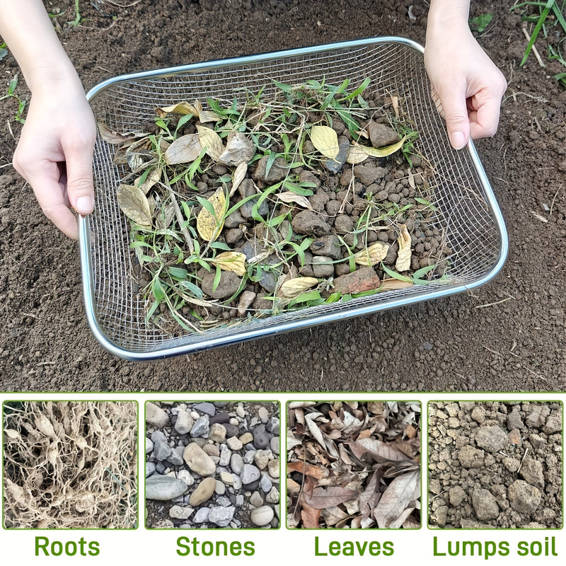 Pasador de Suelo de Acero Inoxidable Resistente - Tamiz Manual con Malla de 1/4", Anticorrosivo, Ligero y Portátil para Jardinería, Compostaje, Arena o Piedras - Ideal para Macetas Elevadas, Hogar o Cultivos Profesionales - Diseño Robusto, Durabilidad Ex