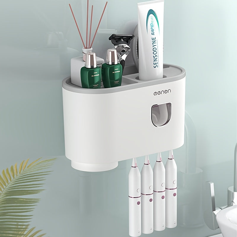 Un conjunto de soportes para cepillos de dientes con 4 ranuras para cepillos de dientes y un dispensador automático de cepillos de dientes con una taza magnética, un contenedor multifuncional para cepillos de dientes y un conjunto de accesorios para baño.
