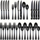 Juego de cubiertos de acero inoxidable de 24 piezas - Incluye cuchillos para bistec, tenedores, cucharas, cucharitas para postre y tenedores, apto para lavavajillas, adecuado para comidas en casa, banquetes de restaurantes, bodas y regalos, serie de cubi