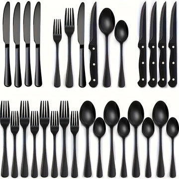 Juego de cubiertos de acero inoxidable de 24 piezas - Incluye cuchillos para bistec, tenedores, cucharas, cucharitas para postre y tenedores, apto para lavavajillas, adecuado para comidas en casa, banquetes de restaurantes, bodas y regalos, serie de cubi