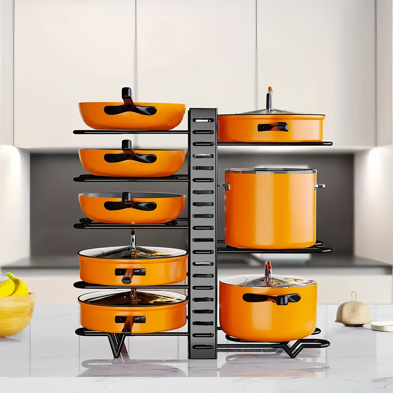 Estante de organización de cocina de 8 niveles ajustable - Hierro resistente a la herrumbre, almacenamiento bajo el gabinete que ahorra espacio para ollas y sartenes, estantes de ollas para cocina