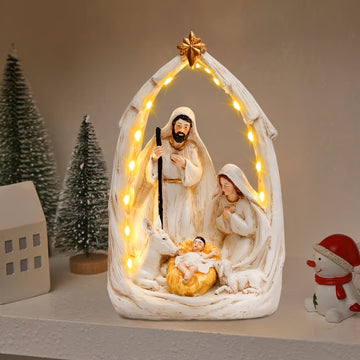 1 pieza de escena de nacimiento de Jesús con luces LED y energía solar estilo Art Deco, figura de resina para decoración navideña exterior, regalo religioso para familia, amigos y cristianos, funciona con pilas AA (no incluidas)