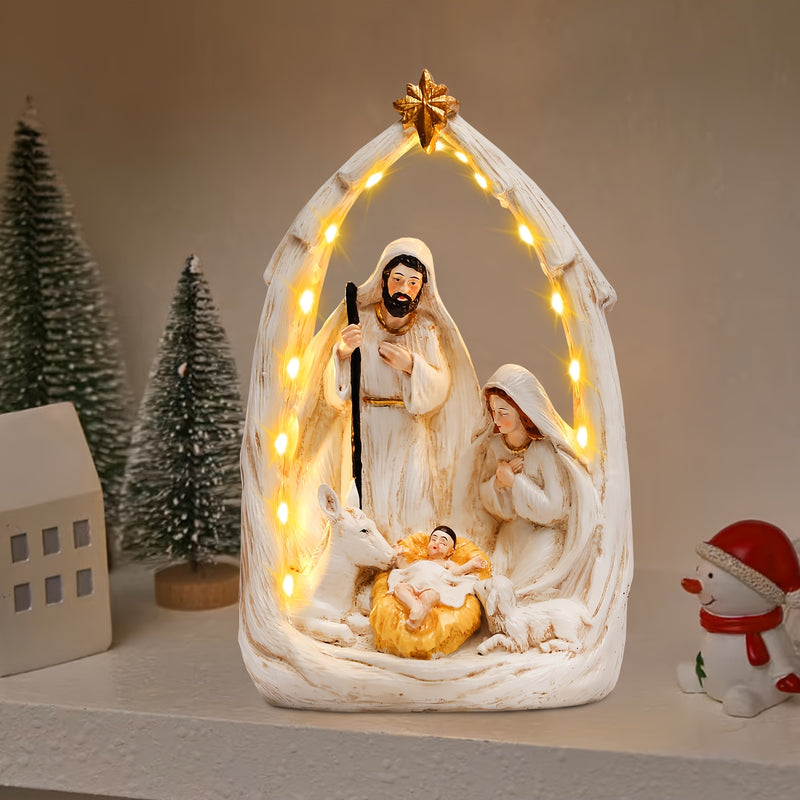 1 pieza de escena de nacimiento de Jesús con luces LED y energía solar estilo Art Deco, figura de resina para decoración navideña exterior, regalo religioso para familia, amigos y cristianos, funciona con pilas AA (no incluidas)