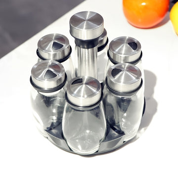 Juego de 7 frascos para especias con organizador giratorio, salero, frascos multiusos para cocina, frascos de vidrio, almacenaje a prueba de humedad - Ideal para organizar y almacenar en la cocina