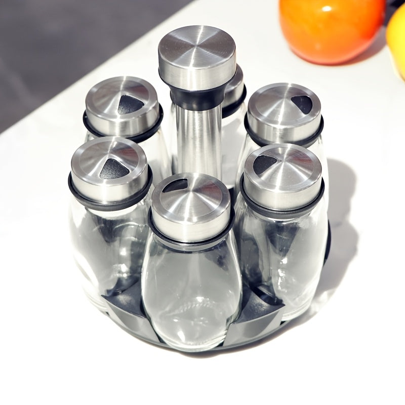 Juego de 7 frascos para especias con organizador giratorio, salero, frascos multiusos para cocina, frascos de vidrio, almacenaje a prueba de humedad - Ideal para organizar y almacenar en la cocina