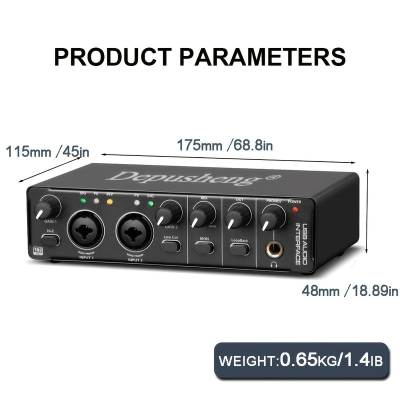 DEPUSHENG MD22 Interfaz de audio USB, 24 bits 192kHz, XLR con alimentación fantasma de 48V, baja latencia para grabación de música, transmisión, podcasting, compatible con PC/Win/Mac