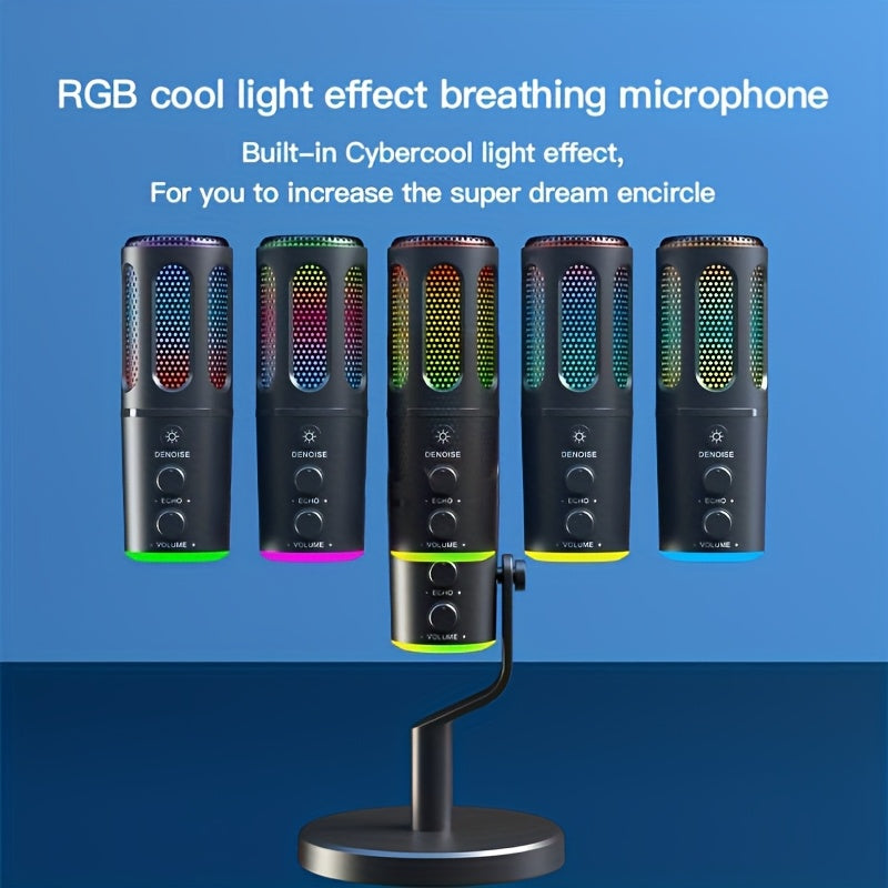 Micrófono SU8 con reducción de ruido, iluminación RGB, efecto de audio reverberante, interfaz USB Type-C para juegos y canto, equipo de audio para juegos | Micrófono moderno | Micrófono alimentado por USB