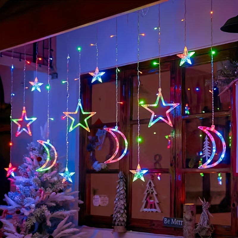 1pc Luces de Cortina LED con Estrellas y Luna - Sin Pilas Necesarias, Perfectas para Ramadán, Bodas, Cumpleaños, Graduaciones, Fiestas, Navidad, Halloween, Decoración del Día de la Independencia | Temática Nocturna Romántica | Adorno Lunar