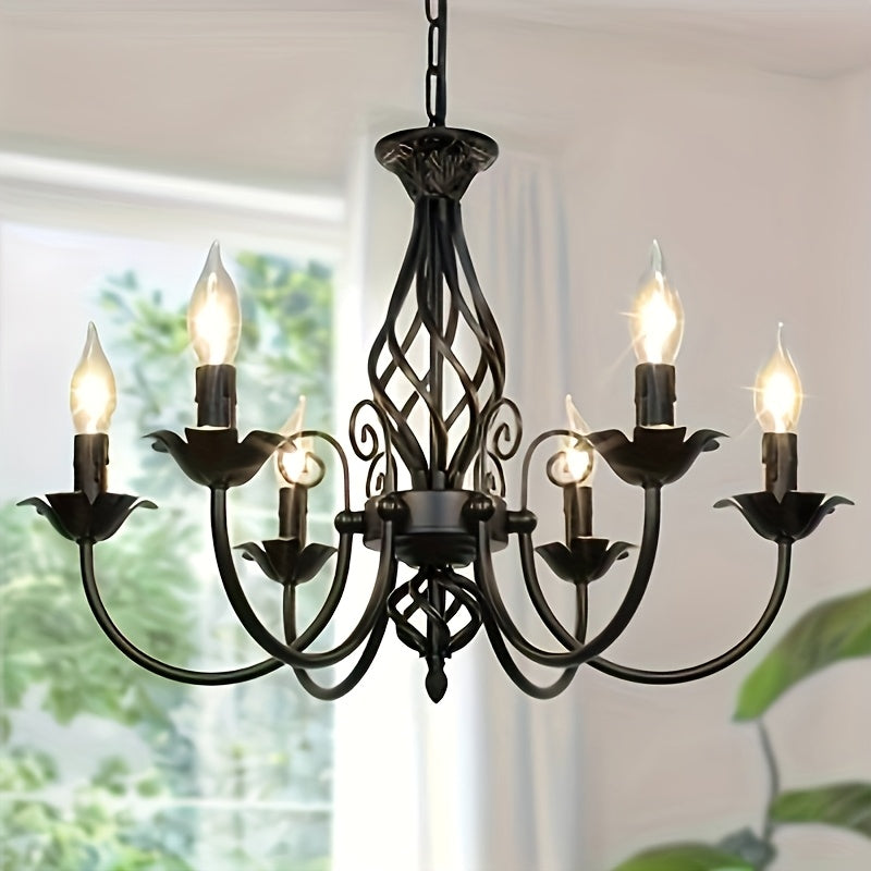 Lámpara colgante estilo granja con diseño industrial rústico, acabado negro mate, candelabro de metal de 5 brazos para dormitorio, pasillo, cocina, comedor, bar o entrada, base para focos E14 (focos no incluidos), luz para comedor | Estética industrial |