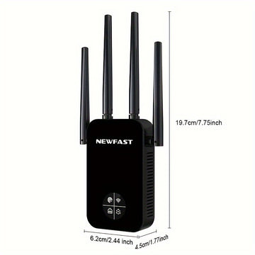 Repetidor Extenso de WiFi NEWFAST 1200Mbps, Modelo OLED 5G AC1200 con 4 Antenas, Amplificador de Largo Alcance, Enchufe Estadounidense, Compatible con 802.11ac, Repetidor Inalámbrico de Alta Potencia para Mejorar el Rango de la Red, Extensor de Wifi