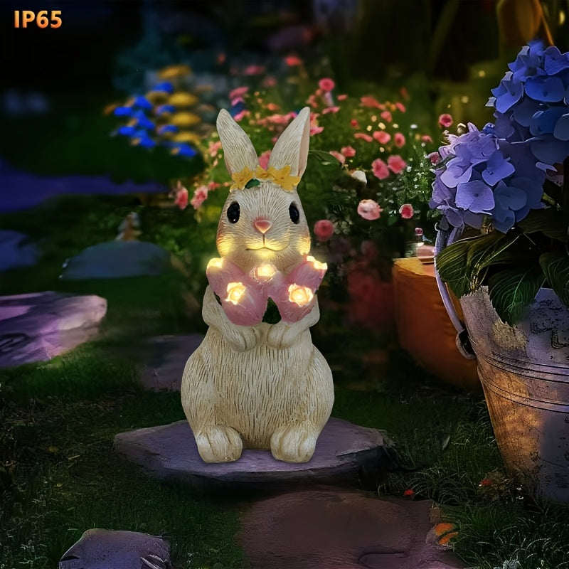 Linterna solar exterior IP65 de resina con conejo sosteniendo tulipán, luz ambiental LED para jardín, patio, terraza, escalones y villa - Decoración navideña para San Valentín, Acción de Gracias, Pascua, Halloween y Navidad