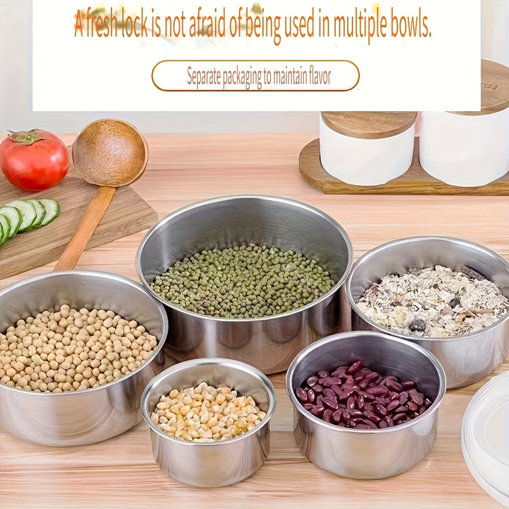 Juego de 10 Recipientes para Alimentos de Acero Inoxidable con Tapas Antifugas, Organizador Redondo Apilable - Ideal para Preparación de Comidas, Sobras y Despensa - Apto para Lavavajillas, Diseño Multitamaño y Estilo Minimalista