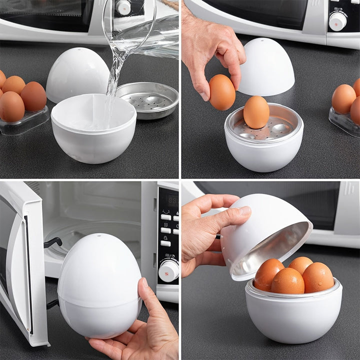 Ovocador de Microondas para 4 Huevos - Herramienta Compacta y Portátil, Ideal para Huevos Duros y Blandos, Apto para Lavavajillas, Diseño Ahorrador de Tiempo con Forma de Huevo