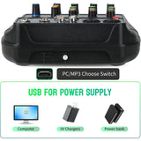 Mixer de audio portátil de 4 canales con interfaz USB - Consola de mezcla de sonido profesional mini DJ para producción de música en casa, karaoke y transmisión en vivo, mixer de audio para coche | Consola de mezcla compacta | Construcción duradera de pl