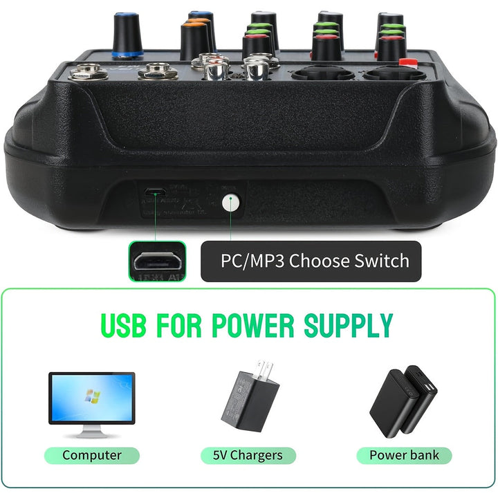 Mixer de audio portátil de 4 canales con interfaz USB - Consola de mezcla de sonido profesional mini DJ para producción de música en casa, karaoke y transmisión en vivo, mixer de audio para coche | Consola de mezcla compacta | Construcción duradera de pl