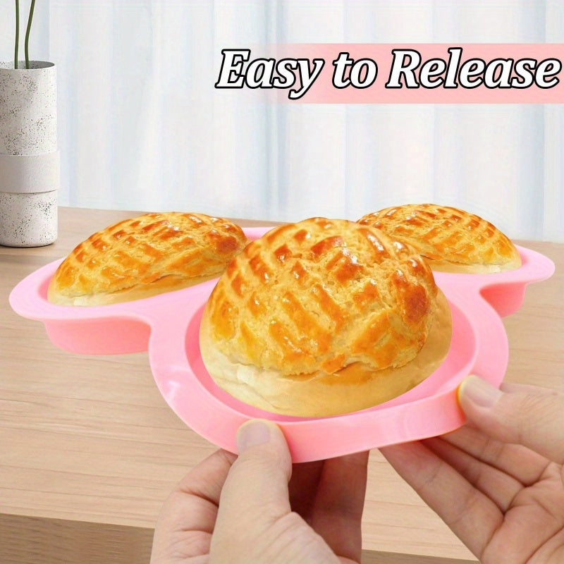 1pc Molde de silicona para hornear pasteles, molde redondo de 3 agujeros no eléctrico para pan y freidora de aire, accesorio de freidora de fácil liberación, herramienta de cocina multiusos