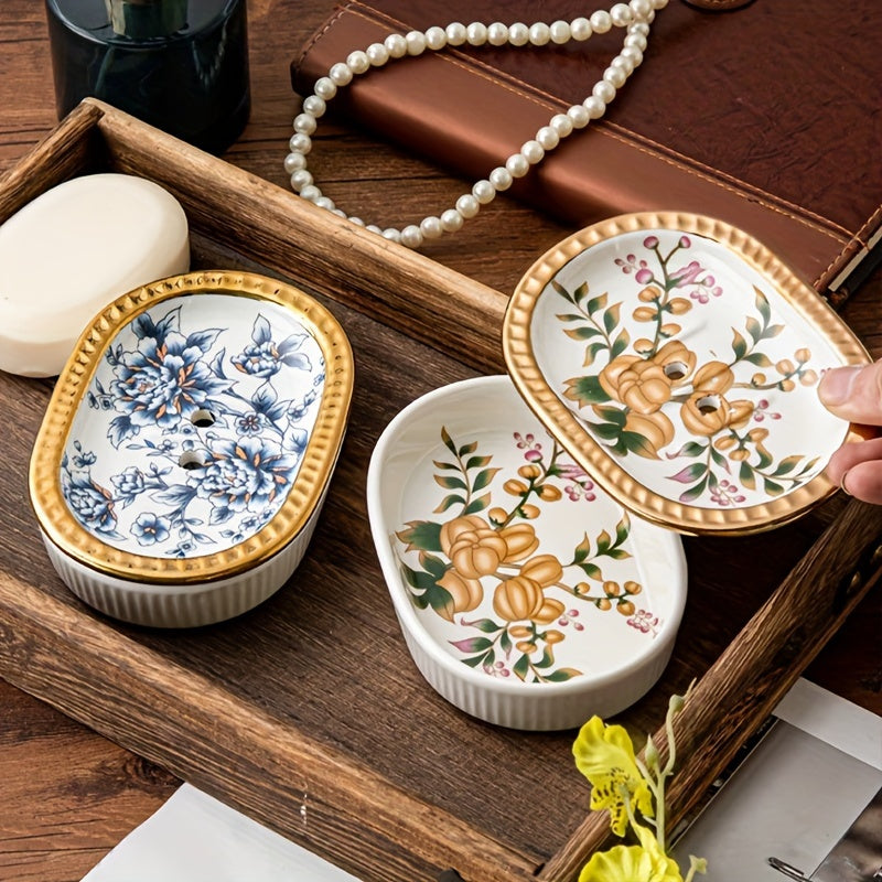Jabonera de cerámica ovalada de lujo con bandeja de drenaje de doble capa, ribete dorado de estilo americano, elegante jabonera de baño, diseño resistente al agua.