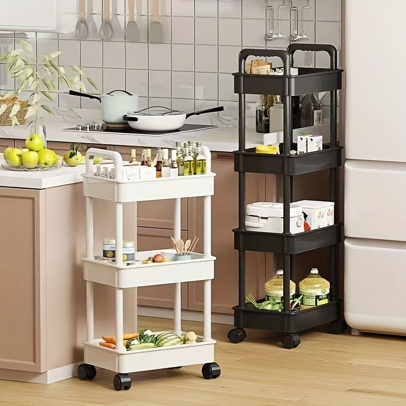 Carrito organizador de plástico con ruedas, 3 niveles, blanco, fácil de mover, multiusos para cocina, baño, dormitorio, sin necesidad de ensamblaje, diseño con ruedas para movilidad, carrito utilitario