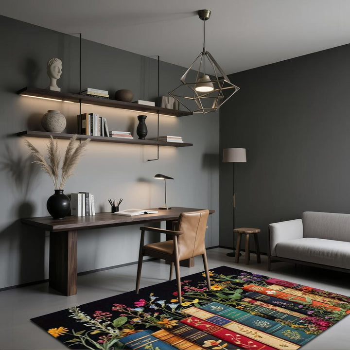 1pc Alfombra de Terciopelo con Diseño Floral y Patrón de Libros, Ideal para Cocina, Dormitorio, Sala, Estudio, Pasillo o Entrada – Ligera, Antideslizante y Lavable a Máquina