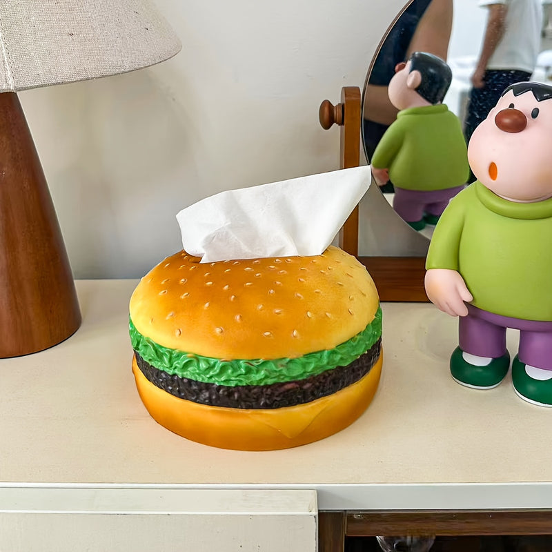 Soporte de pañuelos de forma de hamburguesa creativa - Dispensador de pañuelos de plástico redondo de tema hamburguesa, ideal para accesorios de escritorio para el hogar y la oficina - Paquete de 1